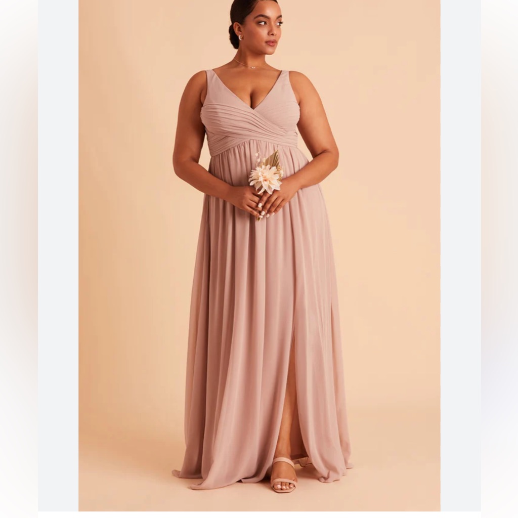Birdy Grey Women Bridesmaid Dress 1x Chiffon Taupe Maxi Pockets Plus Size